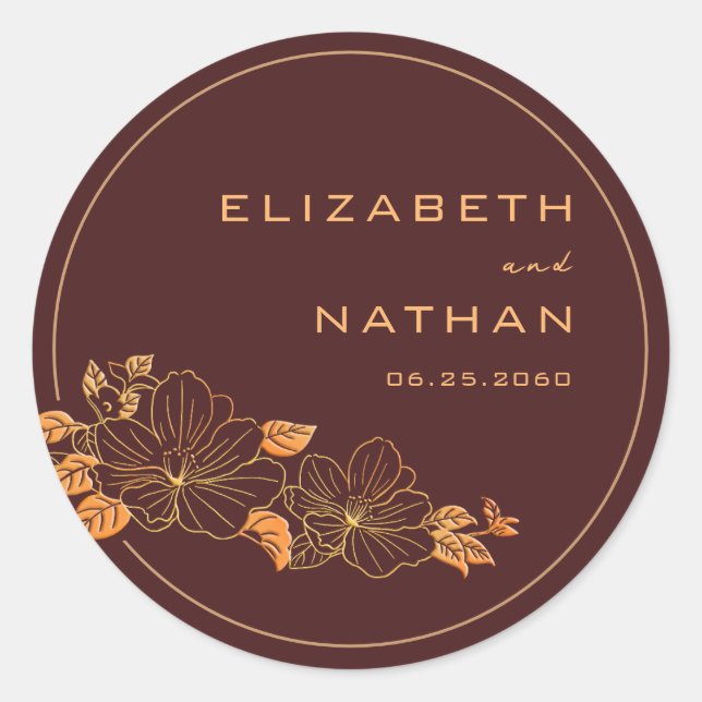 Classy Burgundy & Gold Floral Foliage Wedding  Classic Round Sticker (Front)
