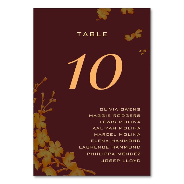 Classy Burgundy & Gold Floral Guest Names  Table Number (Front)