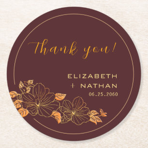 Classy Burgundy Gold Floral Wedding Thank You Gift Round Paper Coaster