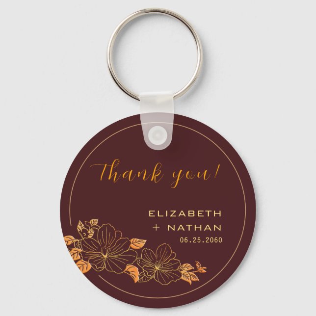 Classy Burgundy Gold Floral Wedding Thank You Keychain (Front)
