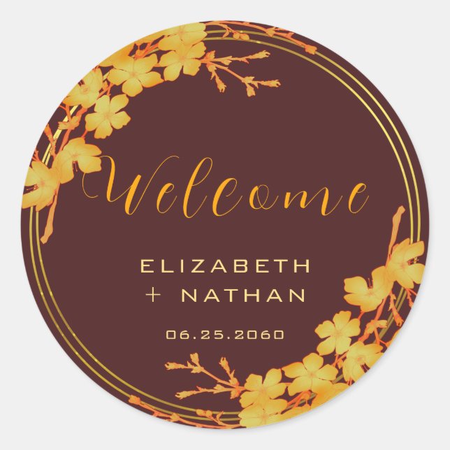 Classy Burgundy Gold Floral Wedding Welcome Classic Round Sticker (Front)