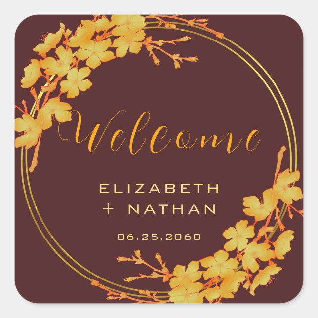 Classy Burgundy & Gold Floral Wedding Welcome Square Sticker (Front)
