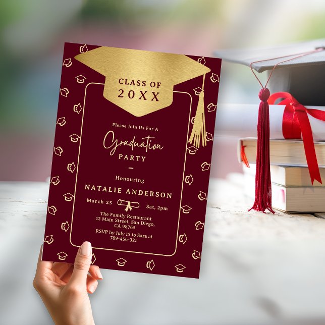 Classy Burgundy Gold Graduate Hat Graduation Party Invitation (Classy Burgundy Gold Graduate Hat Graduation Party Invitation )