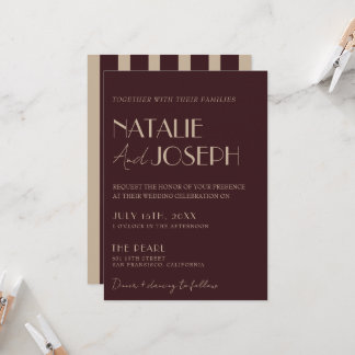 Classy Burgundy Gold Old Money Stripes Wedding  Invitation
