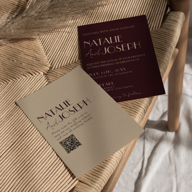 Classy Burgundy Gold QR Code Old Money Wedding Invitation (Creator Uploaded)