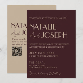 Classy Burgundy Gold QR Code Old Money Wedding Invitation