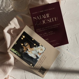 Classy Burgundy Gold QR Code Photo Retro Wedding Invitation