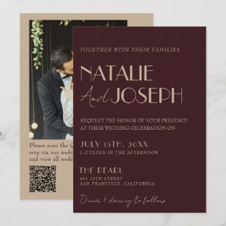 Classy Burgundy Gold QR Code Photo Retro Wedding Invitation