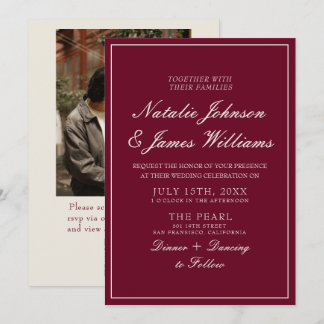 Classy Burgundy Old Money QR Code Photo Wedding Invitation