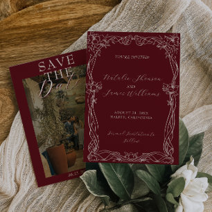 Classy Burgundy Romantic Old Money Photo Wedding Save The Date