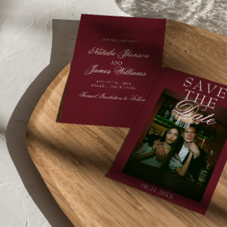 Classy Burgundy White Old Money Photo Wedding Save The Date