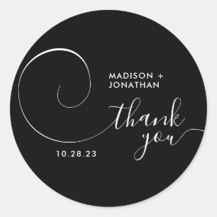 Classy Calligraphy Script Black Wedding Thank you Classic Round Sticker
