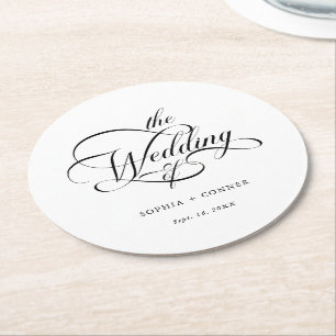 Classy Calligraphy Wedding Black & White Round Paper Coaster