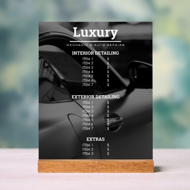 Classy Car Photo Repairs Mechanics Price List  Acrylic Sign (Neutral)