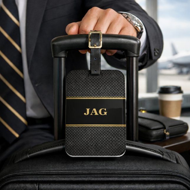 Classy Carbon Black & Gold Monogrammed Luggage Tag (Creator Uploaded)