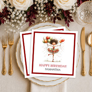 Classy Cartoon Woman Deep Red Script Birthday Napk Napkin