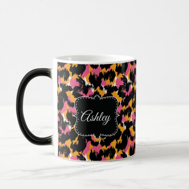 Classy Cheetah Print Pink Fun Monogram Custom Magic Mug (Left)