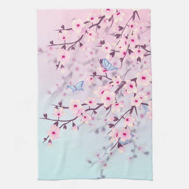 Classy Cherry Blossoms  Landscape Pink Blue Kitchen Towel (Vertical)