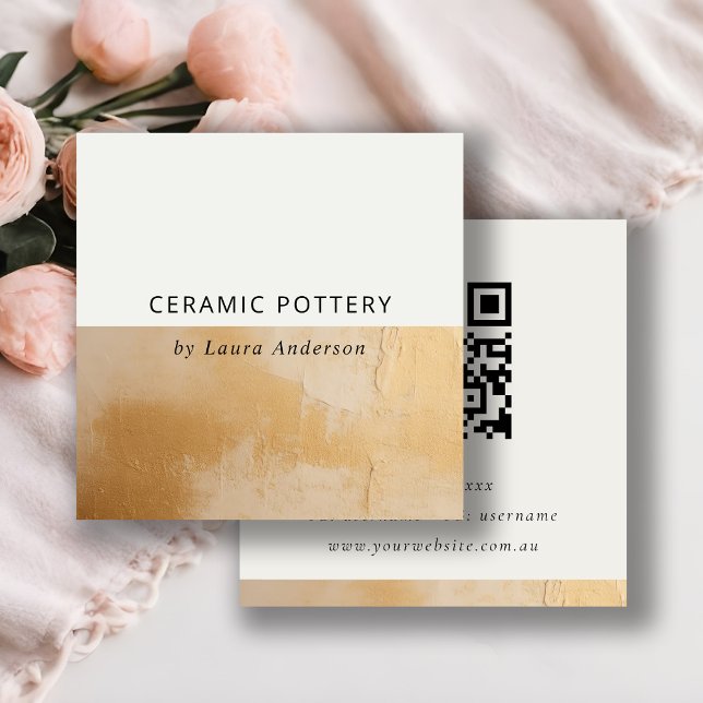 Classy Chic Beige Gold Oil Paint Texture QR Code Square Business Card (Creator Uploaded)