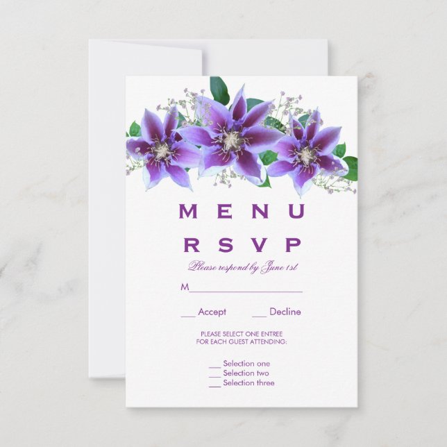 Classy Chic Clematis Wedding Menu RSVP (Front)
