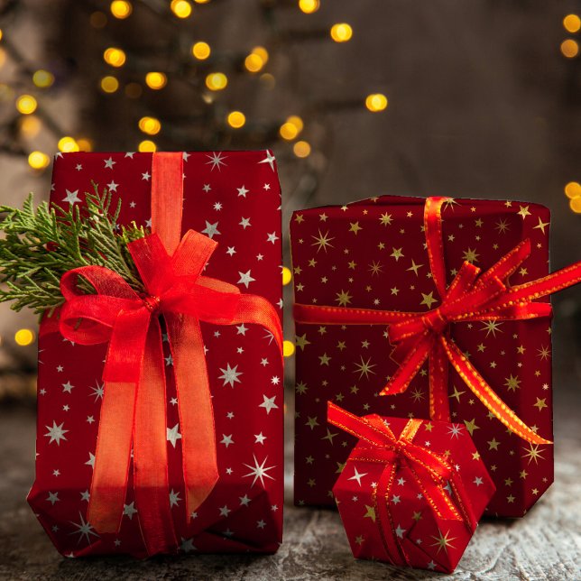 Classy Chic Elegant Gold Silver Red Christmas Star Wrapping Paper Sheet (Creator Uploaded)