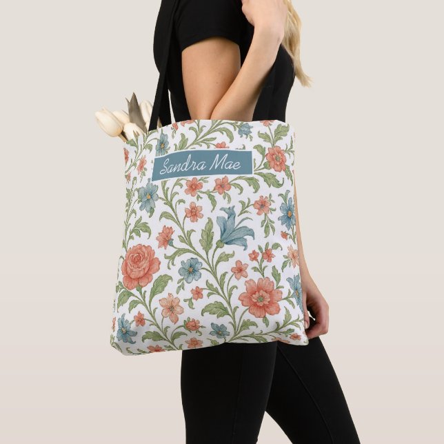 Classy Chic Floral Pattern Personalized Shopping Tote Bag (Close Up)