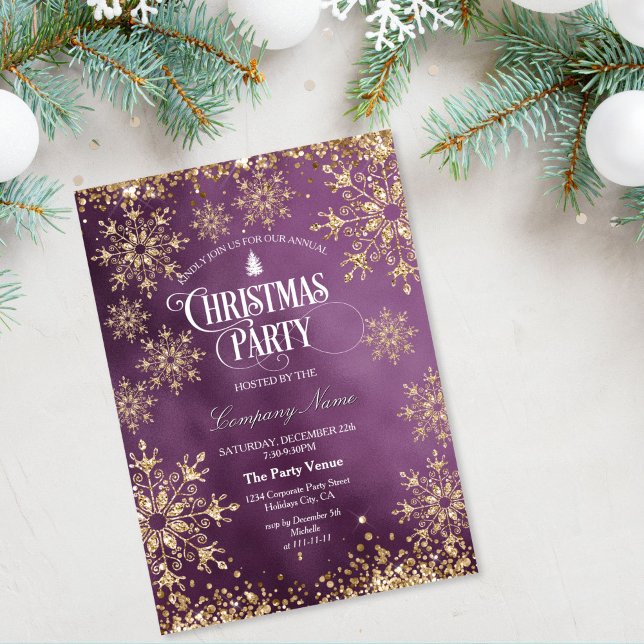 Classy Chic Gold Glitter Corporate Christmas Party Invitation (gold glitter snowflakes on the purple background christmas party invitation)