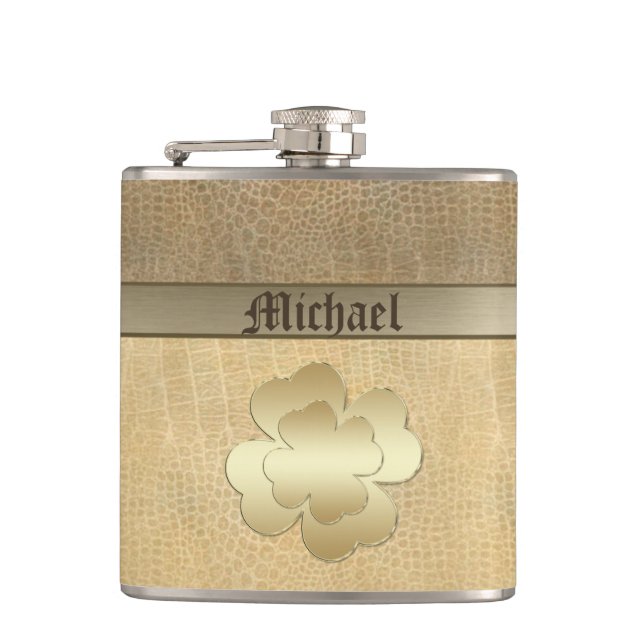 Classy chic golden lucky shamrock leather look hip flask (Front)