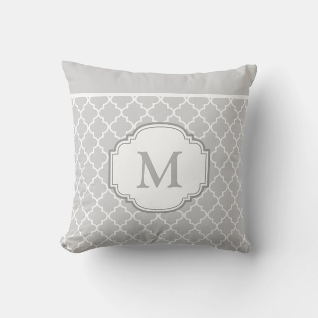Classy Chic Grey White Moroccan Pattern Monogram Throw Pillow (Front)