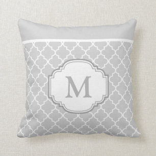 Classy Chic Grey White Moroccan Pattern Monogram Throw Pillow