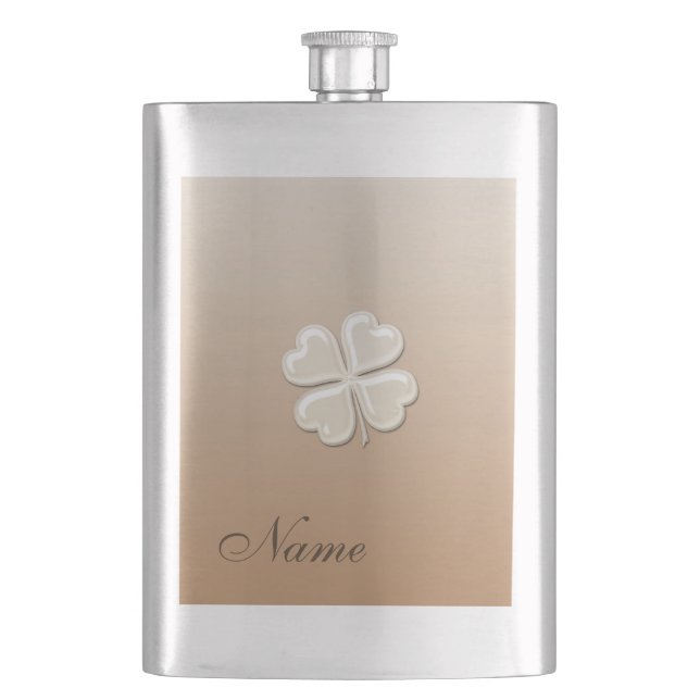 Classy chic pearl lucky shamrock personalized hip flask (Front)