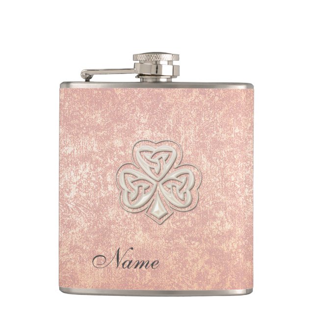 Classy chic pearl lucky shamrock personalized hip flask (Front)