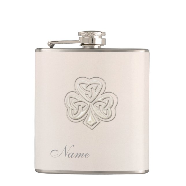 Classy chic pearl lucky shamrock personalized hip flask (Front)