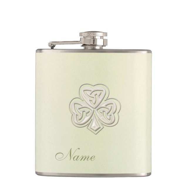 Classy chic pearl lucky shamrock personalized hip flask (Front)