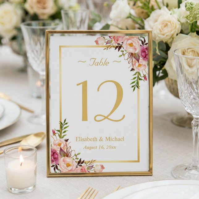 Classy Chic Pink Floral Gold Wedding Table Number (Creator Uploaded)
