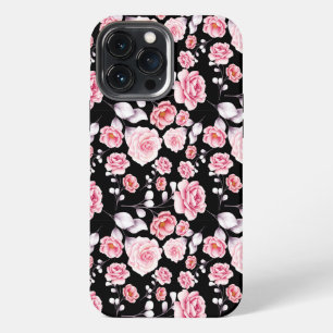 Classy Chic Pink Floral Pattern on Black iPhone 13 Pro Max Case