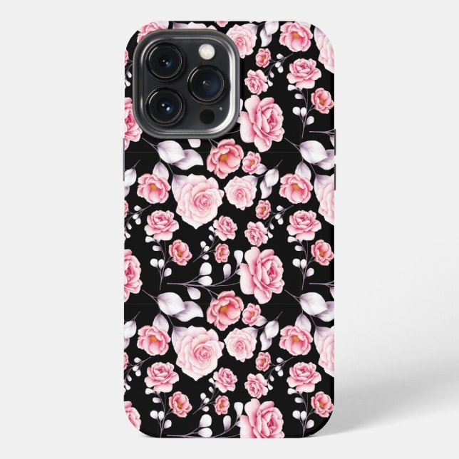 Classy Chic Pink Floral Pattern on Black iPhone Case (Back)