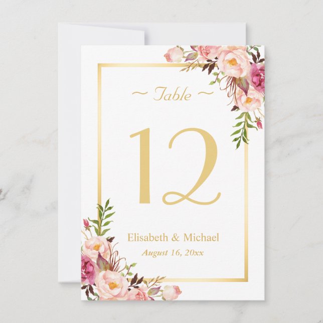 Classy Chic Rose Floral Or Mariage Numéro de table (Devant)