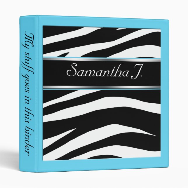 Classy Chic Zebra Print Personalized Aqua Binder (Front/Spine)