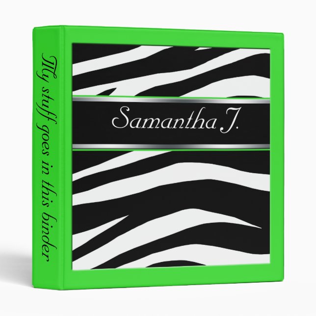 Classy Chic Zebra Print Personalized Lime Binder (Front/Spine)