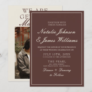 Classy Chocolate Brown Old Money Photo Wedding Invitation