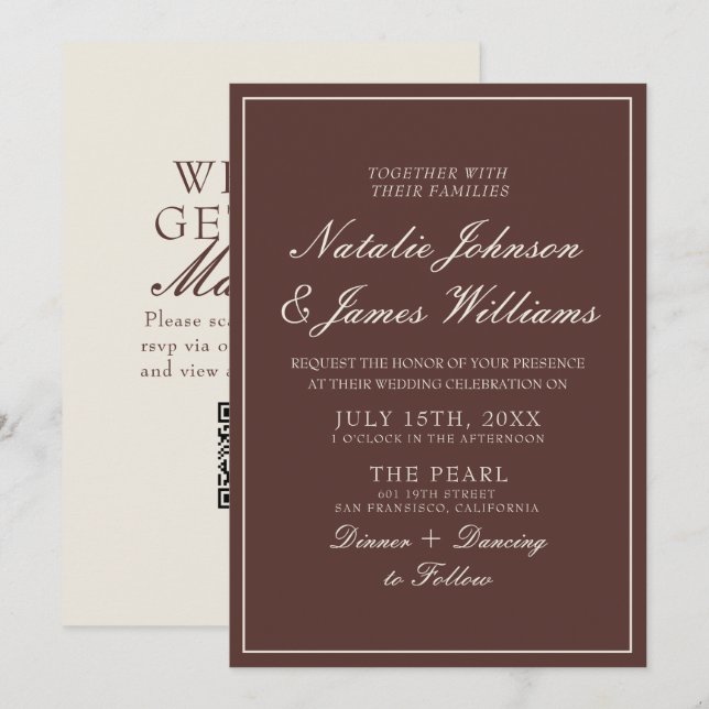 Classy Chocolate Brown Old Money QR Code Wedding Invitation (Front/Back)