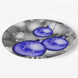 Classy Christmas Blue Silver Grey Paper Plate