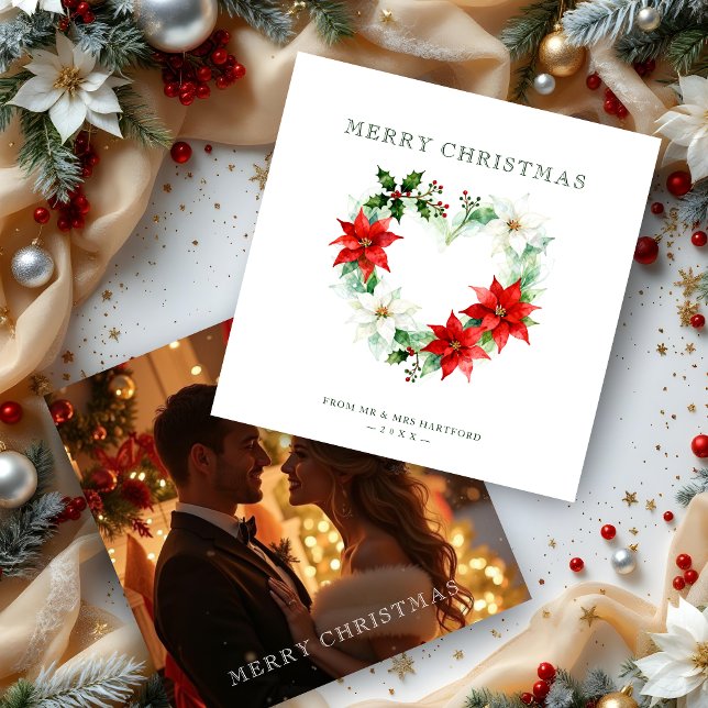 Classy Christmas Floral Monogram Heart Back Photo Holiday Card (Classy Christmas Floral Monogram Heart Back One Photo Holiday Cards. )