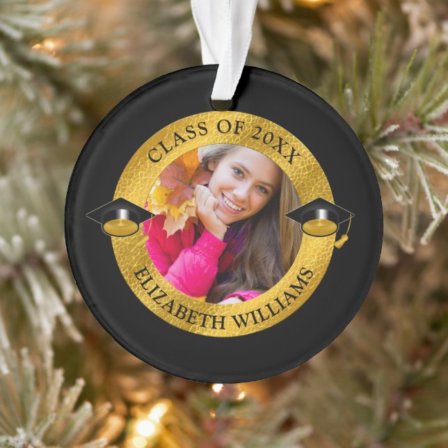 Classy Class of 2023 Black | Gold Photo Keepsake Ornament (Tree)