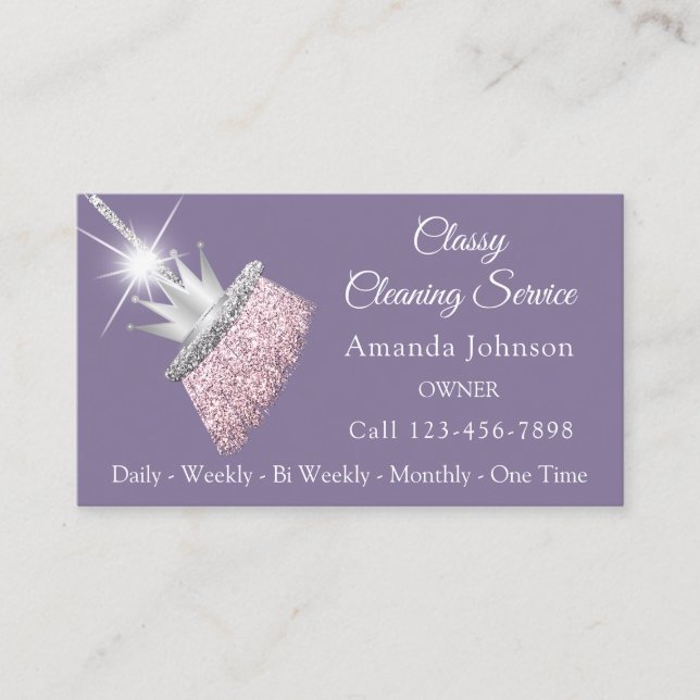 Classy Cleaning Service Maid Broom Crown Purple  Business Card (Front)