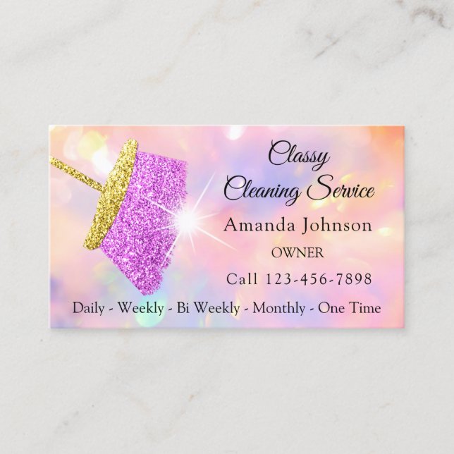 Classy Cleaning Service Maid Pink Holograph Business Card (Front)