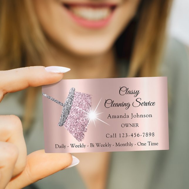Classy Cleaning Service Maid Rose Glitter Grey Business Card (Classy Cleaning Service Maid Rose Glitter Gray Business Card)