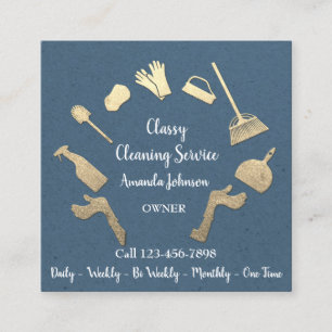 Classy Cleaning Services Gold Logo Maid Kraft Blue Square Business Card