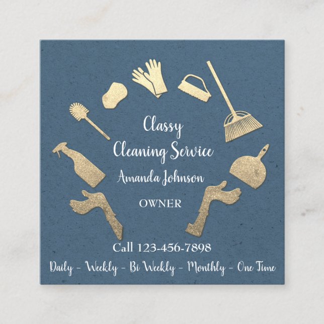 Classy Cleaning Services Gold Logo Maid Kraft Blue Square Business Card (Front)